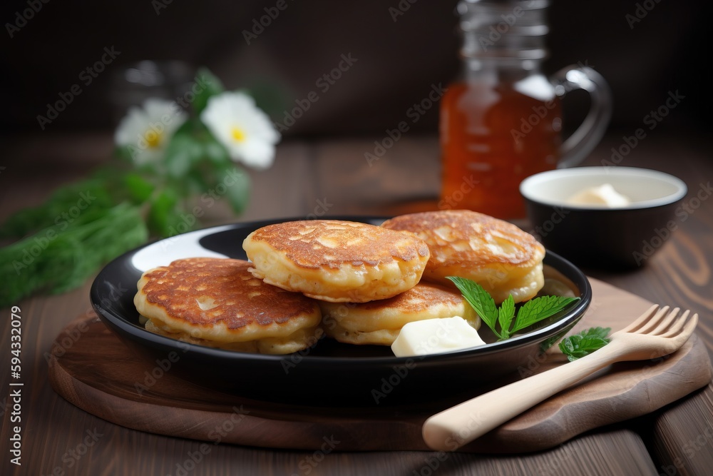  a plate of pancakes and butter on a wooden table with a jar of honey and a fork and spoon on the si