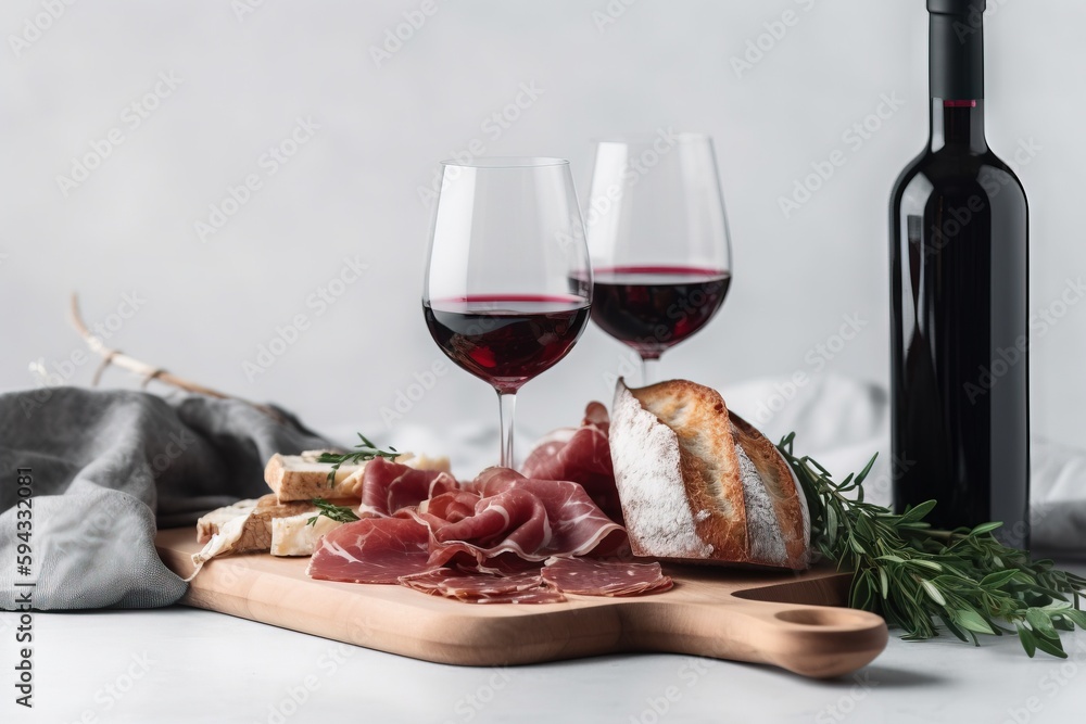  two glasses of red wine and some meats on a cutting board with bread and breadcrumbs on a table nex