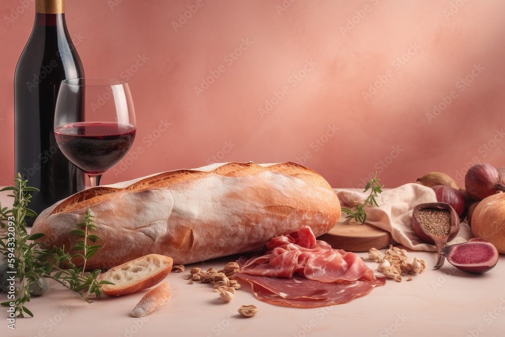  a table topped with bread, meat and a glass of wine next to a bottle of wine and a bottle of wine o