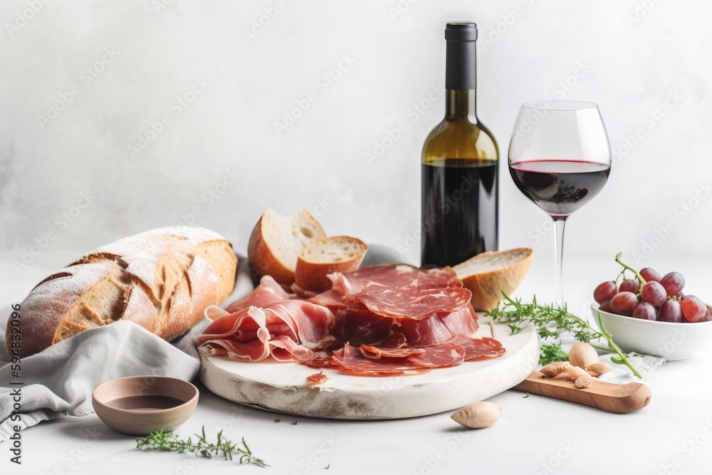  a table topped with bread, meat and bread slices next to a glass of wine and a bottle of wine and a