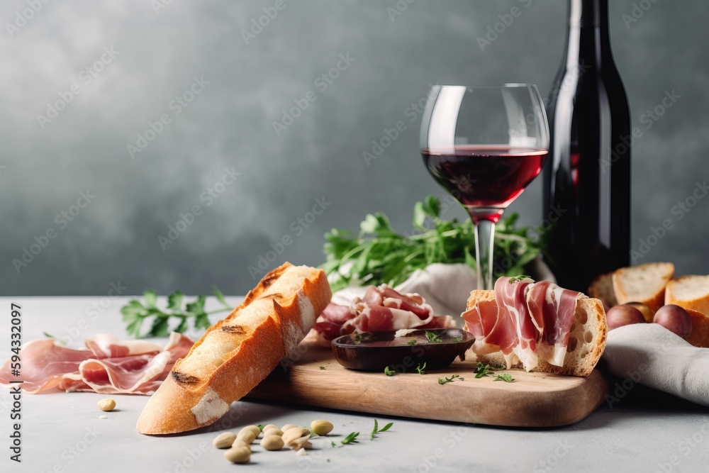  a table with bread, meats, and a glass of red wine on it and a bottle of wine in the background wit