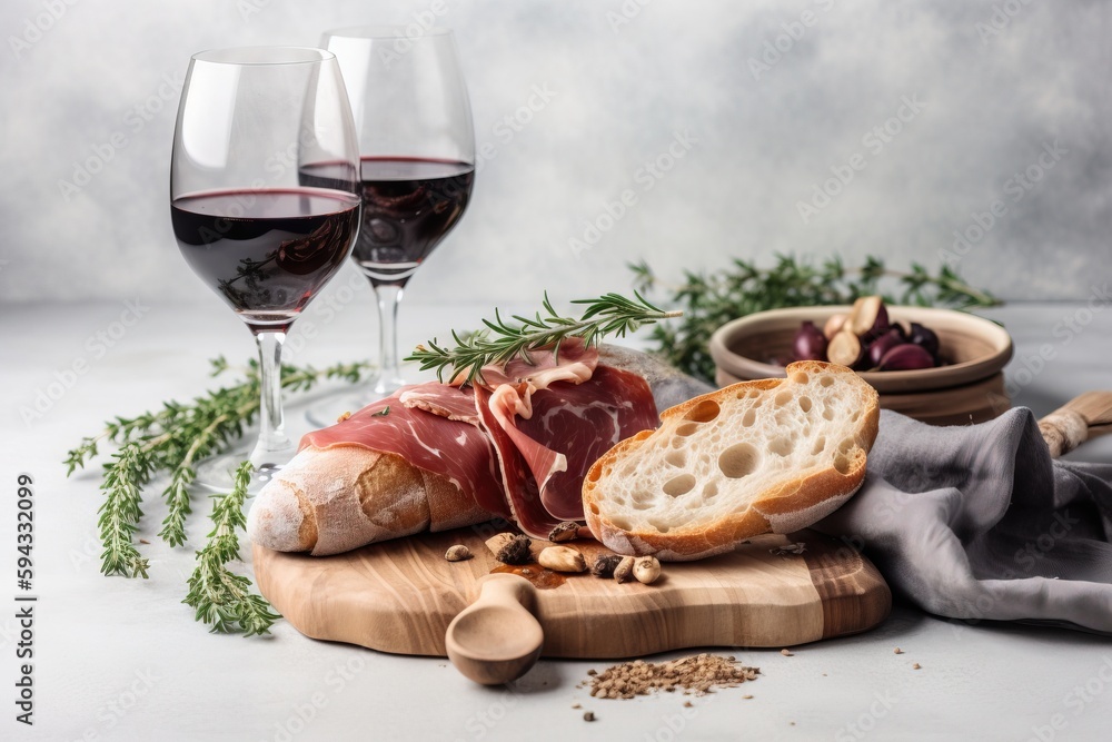  a table topped with bread, meat and two glasses of wine next to a bowl of grapes and a plate of bre