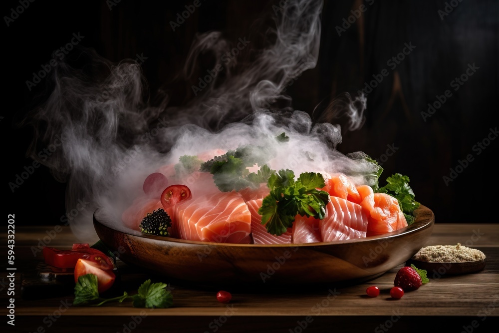  a wooden bowl filled with salmon and vegetables on top of a table with steam rising out of the top 