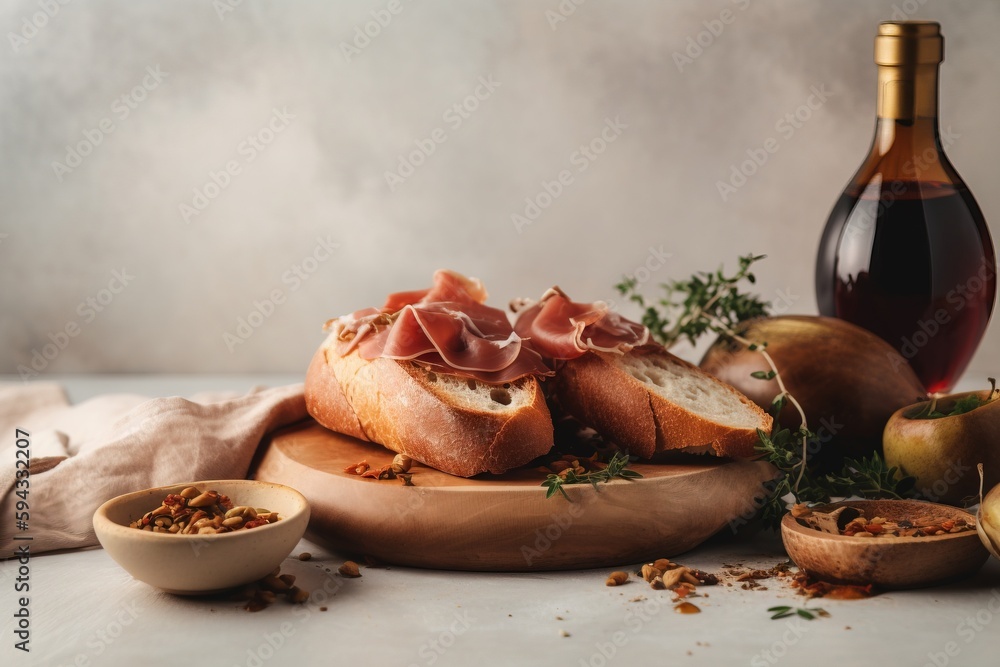  a table topped with bread and fruit next to a bottle of wine and a bowl of nuts and a bowl of nuts 