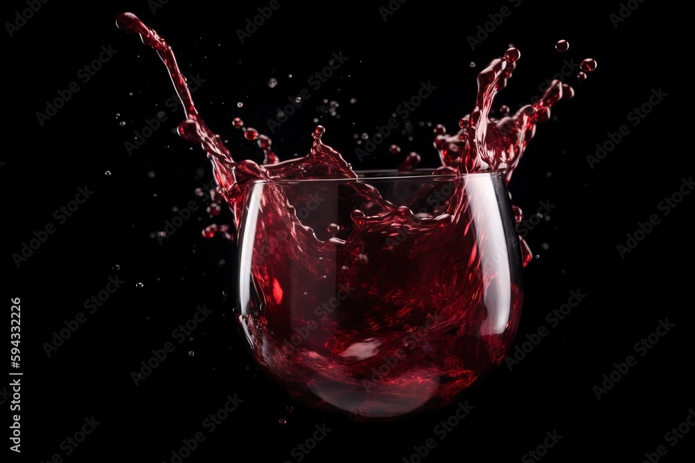  a glass of red wine is splashing in the air with water droplets on the side of the glass and on the