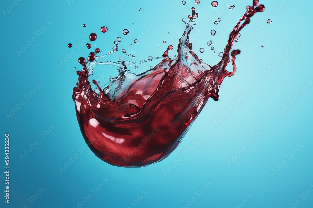  a red liquid splashing into the water on a blue background with a drop of water coming out of the t