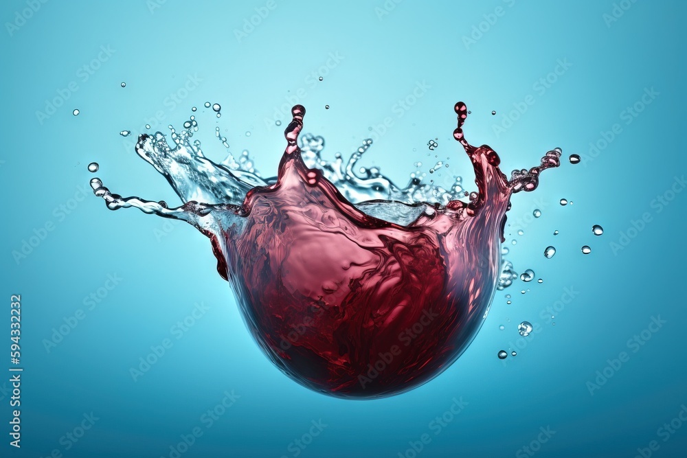  a red liquid splashing into the water on a blue background with a drop of water coming out of the t