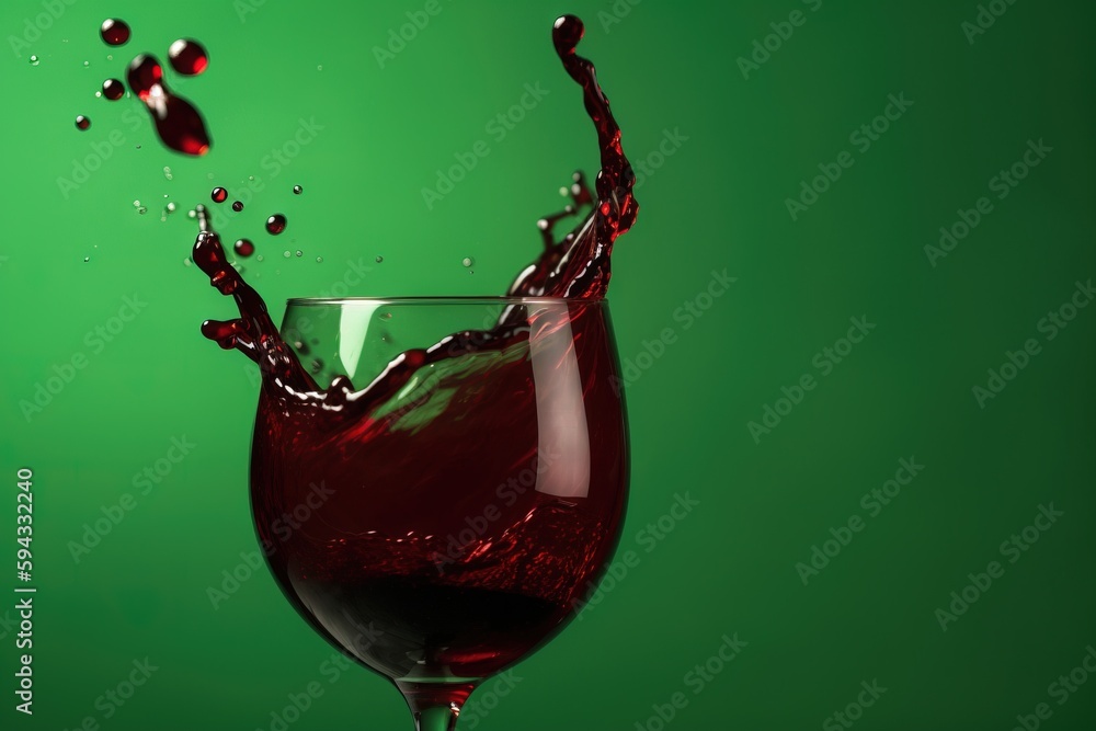  a glass of red wine with a splash of water on the side of the glass and a green background behind t