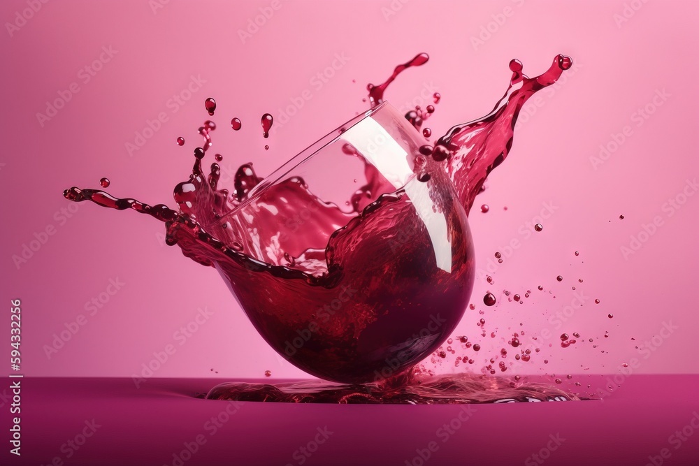  a red liquid splashing out of a wine glass on a pink background with a pink background and a pink b