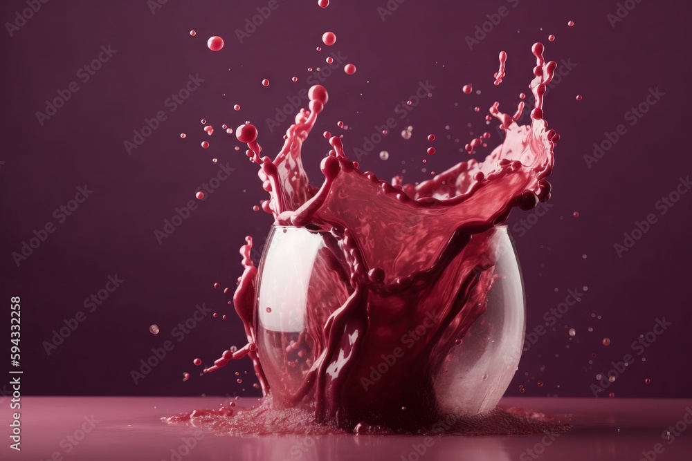  a red liquid splashing out of a white vase on a purple surface with a black background and a purple