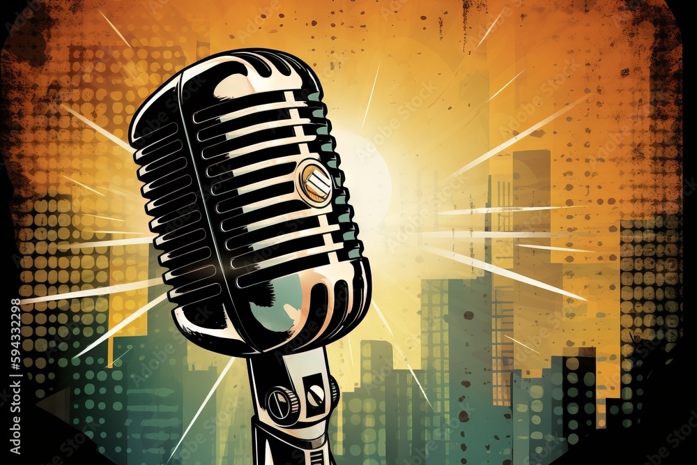  a microphone with a city skyline in the background and a sunburst in the sky above it, with a yello