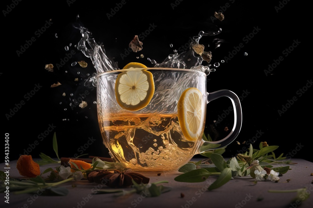  a cup of tea with lemons and spices splashing out of the tea in the cup and leaves on the side of t