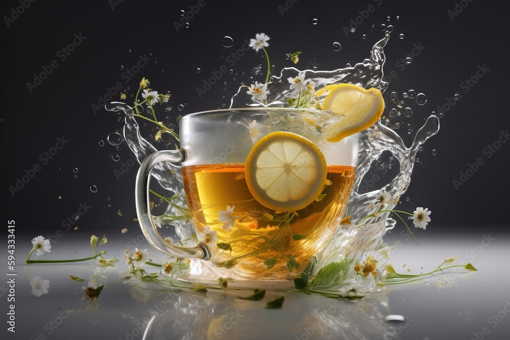  a cup of tea with lemon slices and water splashing around it on a dark surface with white flowers a