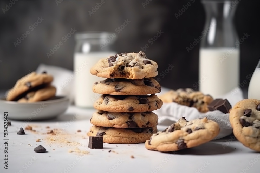  a stack of chocolate chip cookies next to a glass of milk and a bowl of chocolate chips on a white 