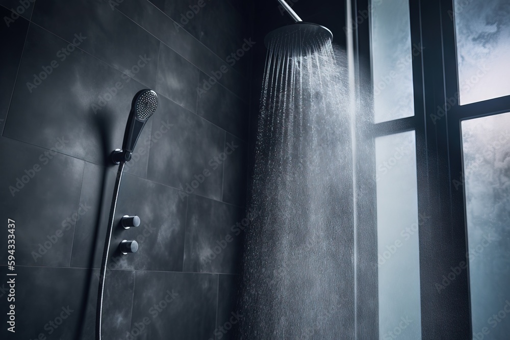  a shower head with a spray of water coming out of its side and a window in the background with a c