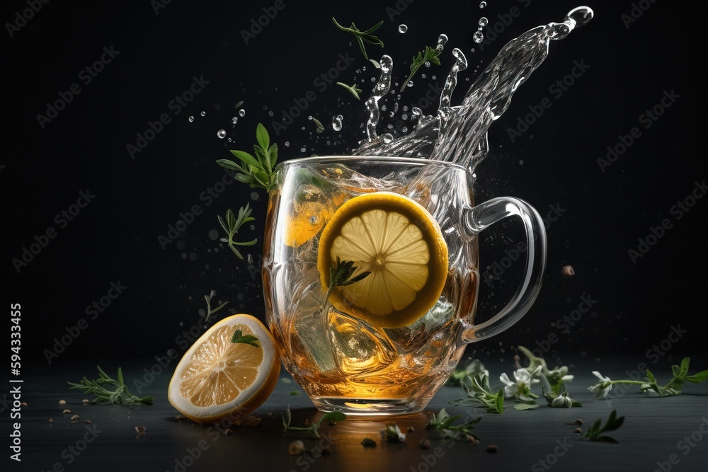  a glass mug filled with water and a lemon slice next to a half of a lemon and some leaves on a blac