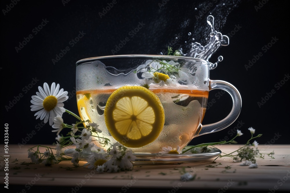  a cup of tea with a lemon slice and flowers on the side of the cup and water splashing out of the t