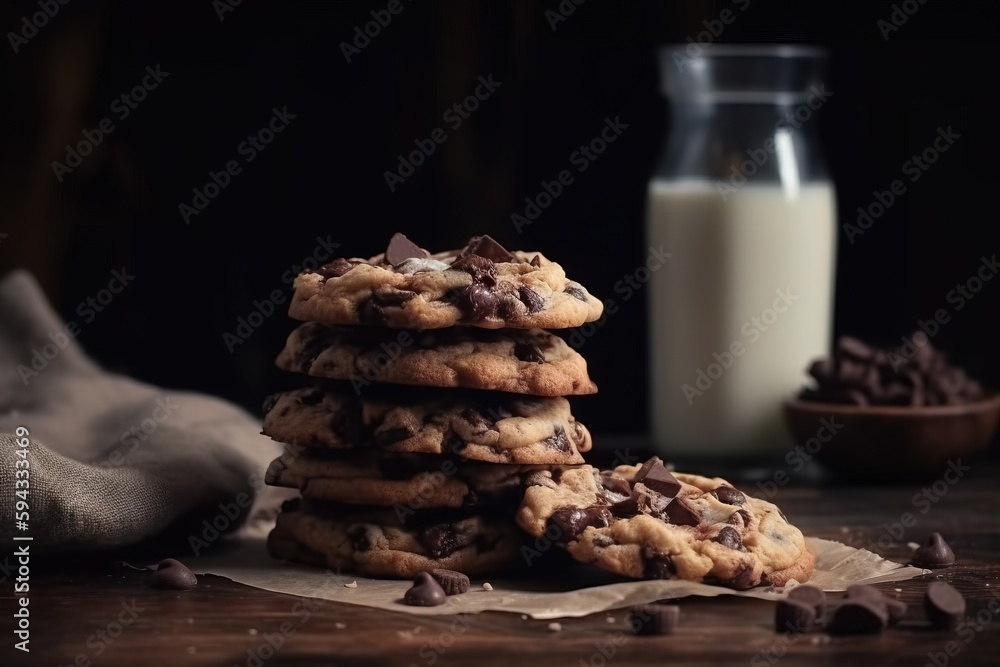  a stack of chocolate chip cookies next to a glass of milk on a wooden table with a cloth and a bott