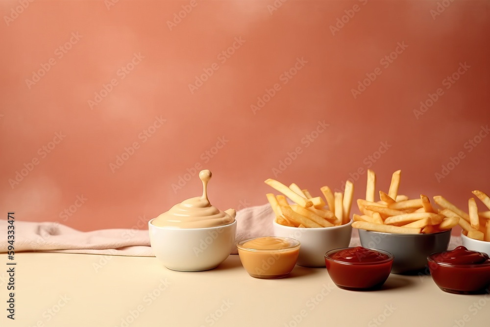  a table topped with bowls of french fries and dipping sauces next to a bowl of ketchup and a contai