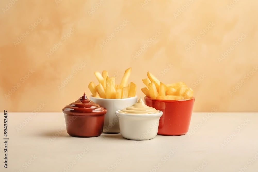  french fries and ketchup in small containers on a table with a beige background and a wall in the b