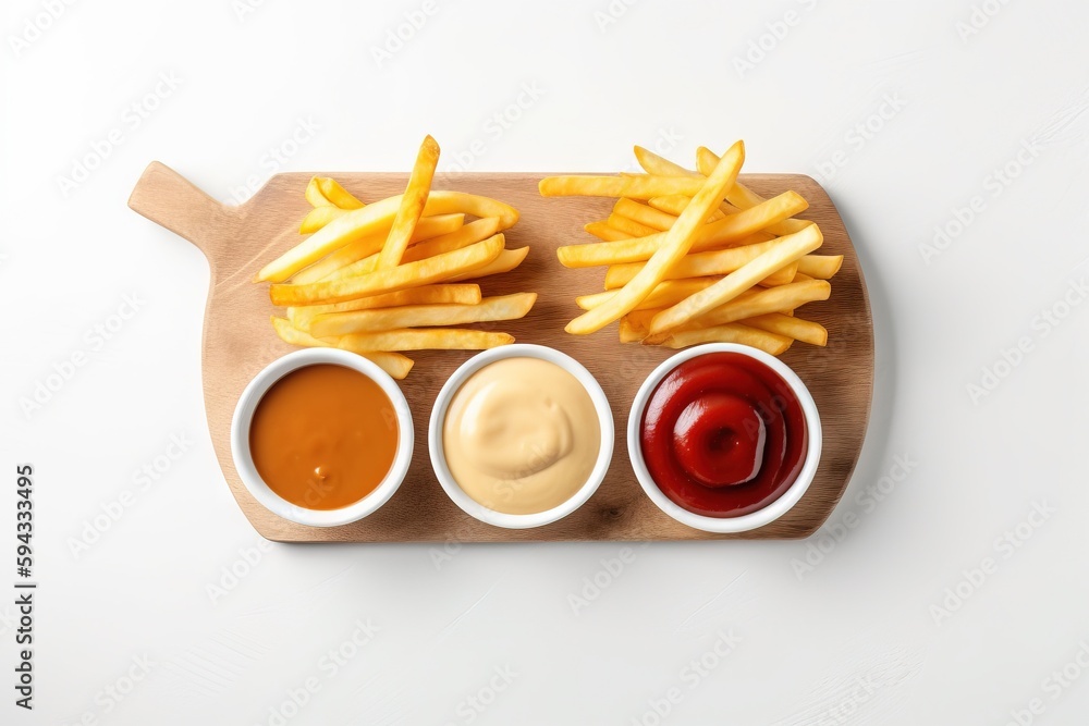  french fries with ketchup and ketchup on a cutting board with ketchup and mustard on the side on a 