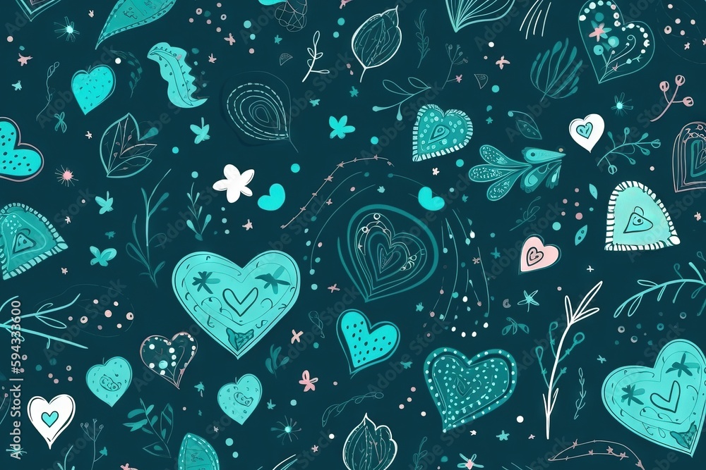  a blue and green background with hearts and flowers on a dark blue background with stars and a few 