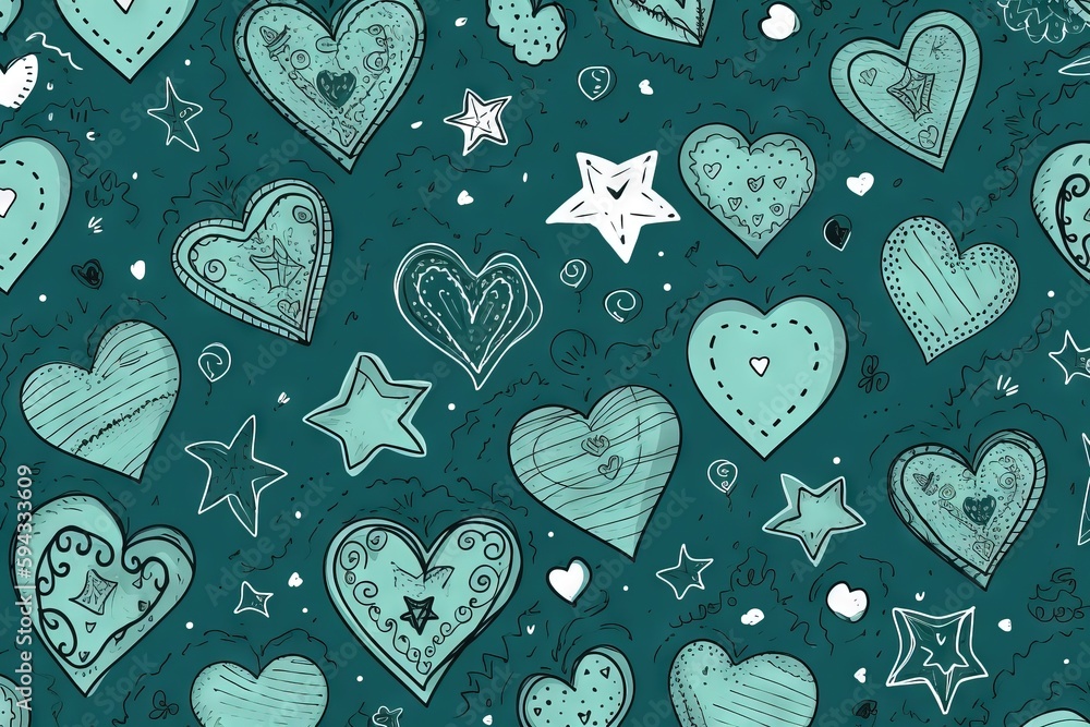  a pattern of hearts and stars on a blue background with stars and hearts on it, and a star in the m