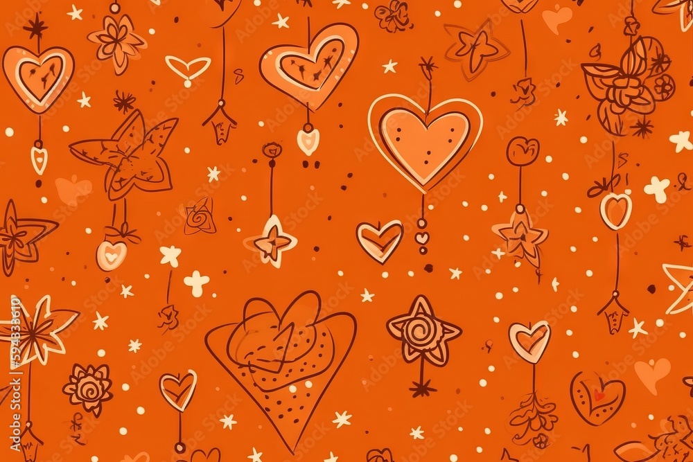  an orange background with hearts, stars, and other things on it, including a star, heart, and starb