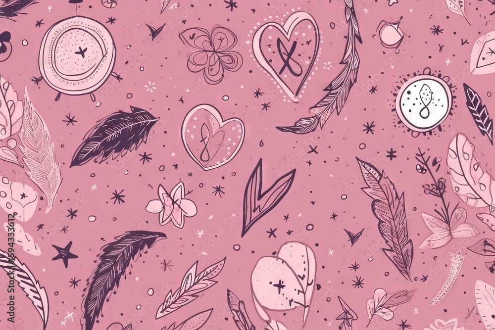  a pink background with many different designs and shapes of hearts, arrows, and stars on its sides