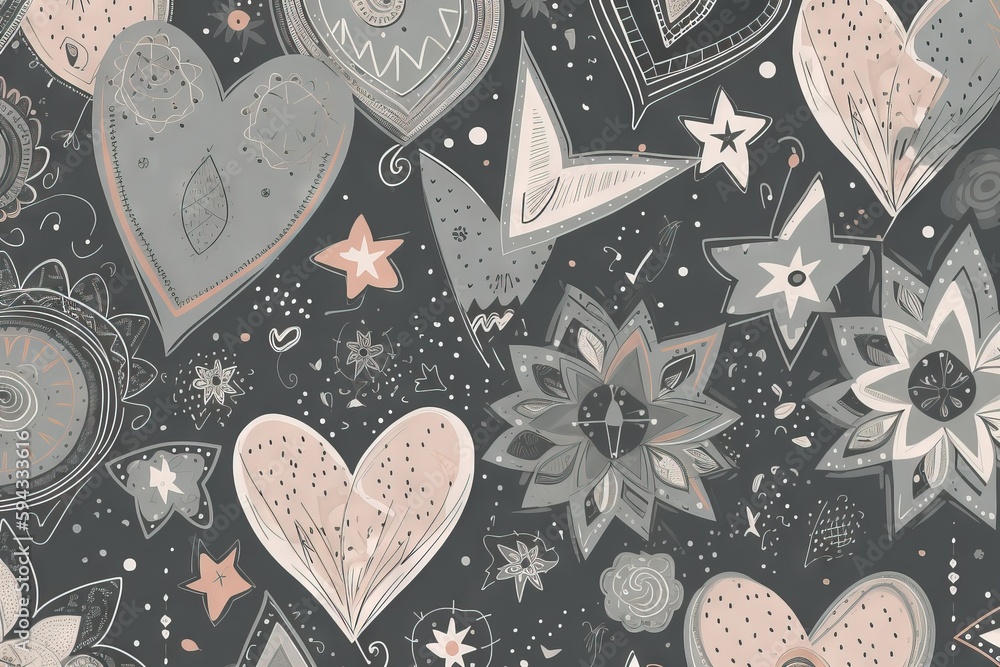  a pattern of hearts and flowers on a black background with stars and swirls in the middle of the im