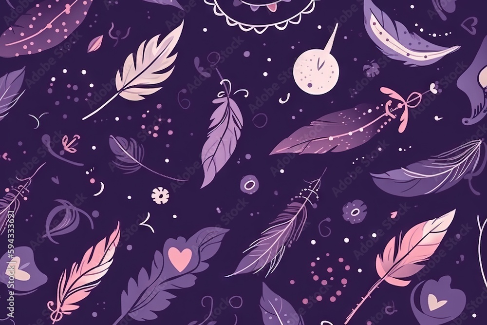  a purple and pink pattern with feathers and hearts on a dark background with stars and bubbles in t