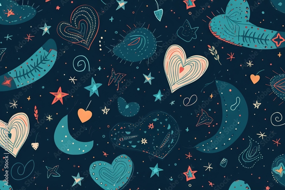  a pattern of hearts and stars on a dark blue background with stars and a crescent in the middle of 