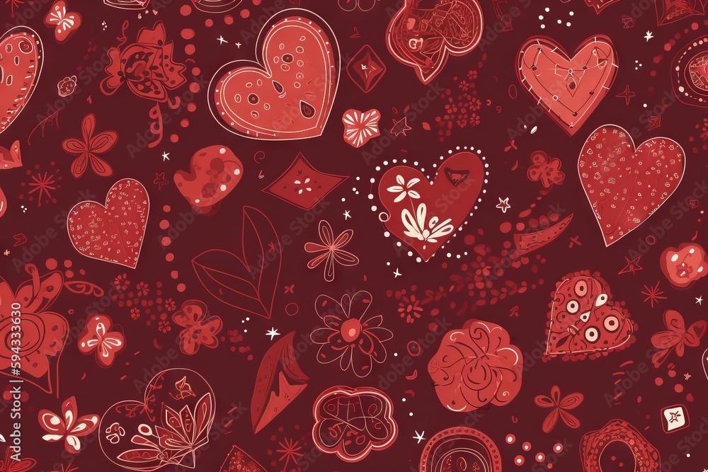  a bunch of hearts that are on a red background with flowers and hearts on it and a butterfly on the