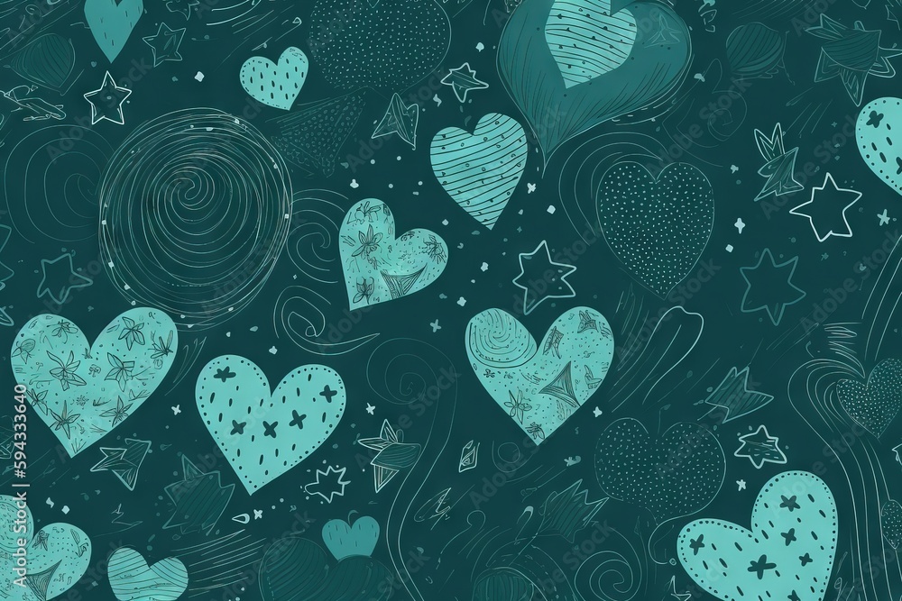  a pattern of hearts and stars on a green background with swirls and stars in the sky and a swirl in