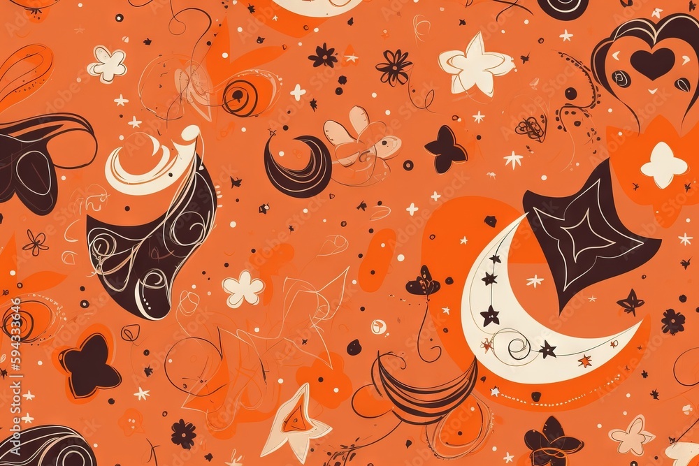  an orange background with black and white hearts and stars and a moon and stars and hearts and star