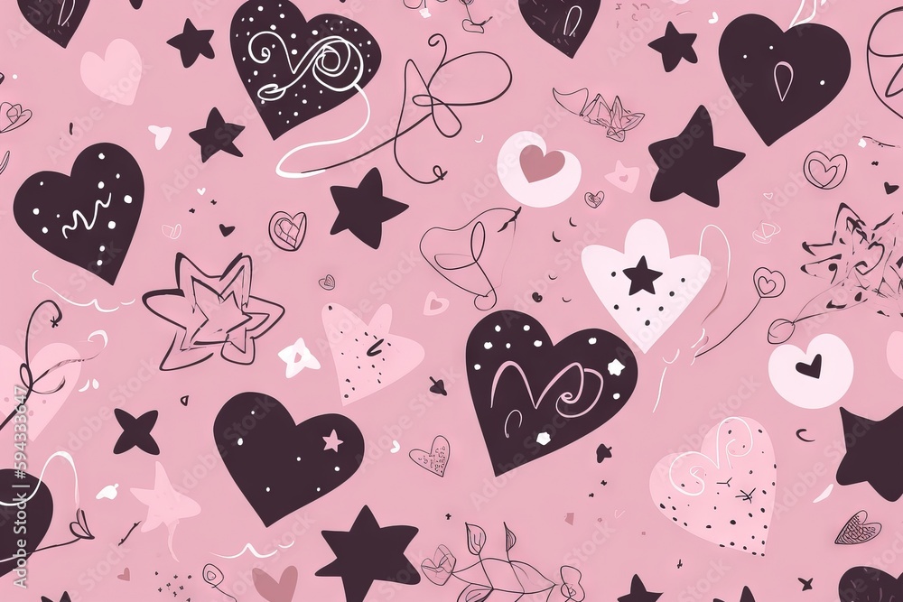  a pattern of hearts and stars on a pink background with black and white confetti on the left side o