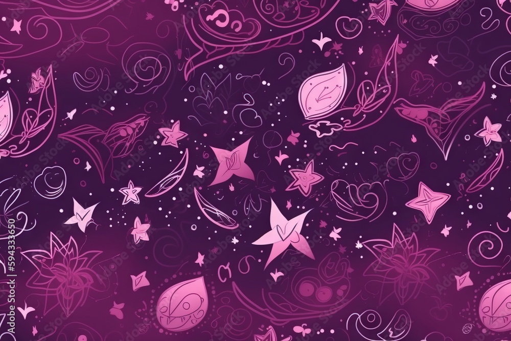  a purple and pink background with stars and swirls and hearts on a dark purple background with star