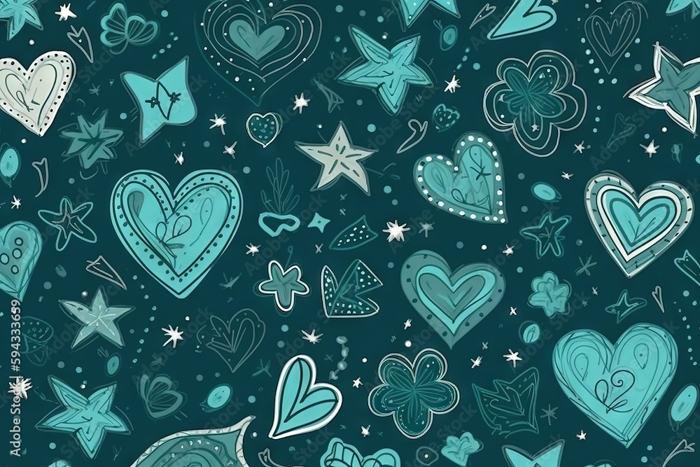  a blue and white pattern with hearts and stars on a dark background with stars and hearts on the le