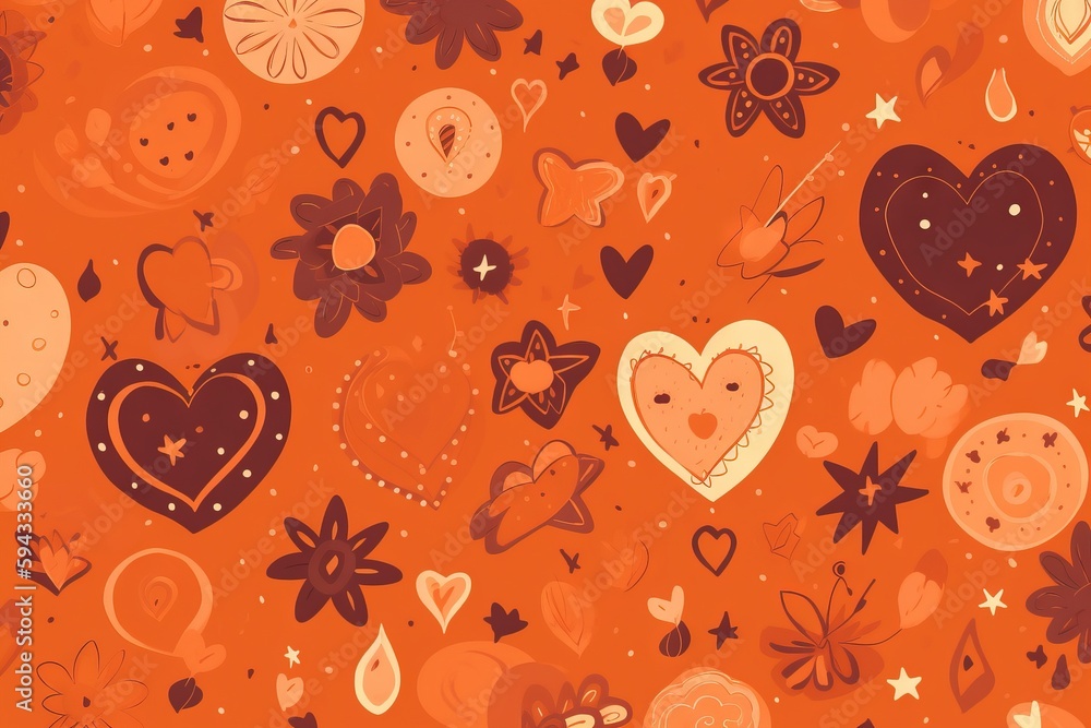  an orange background with hearts and flowers on it, and stars and hearts on the bottom of the image