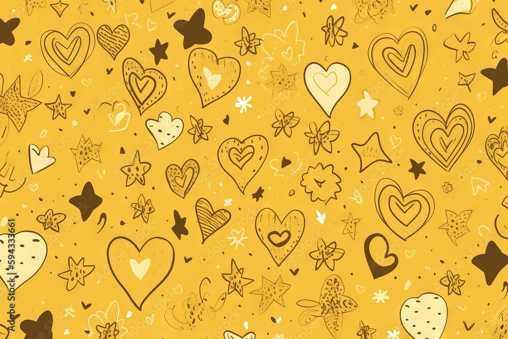  a yellow background with many hearts and stars on its sides and a star in the middle of the heart 