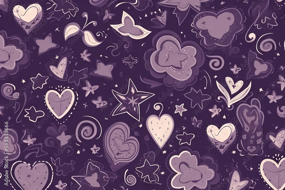  a bunch of hearts and stars on a purple background with stars and swirls in the middle of the heart