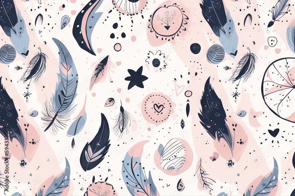  a pattern with feathers and stars on a pink and blue background with circles and stars on the left 