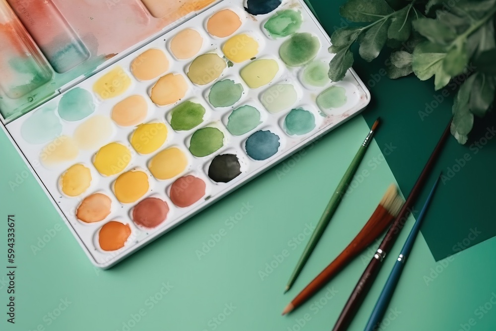  a palette of watercolors and two brushes on a green surface with a plant in the background and a pl