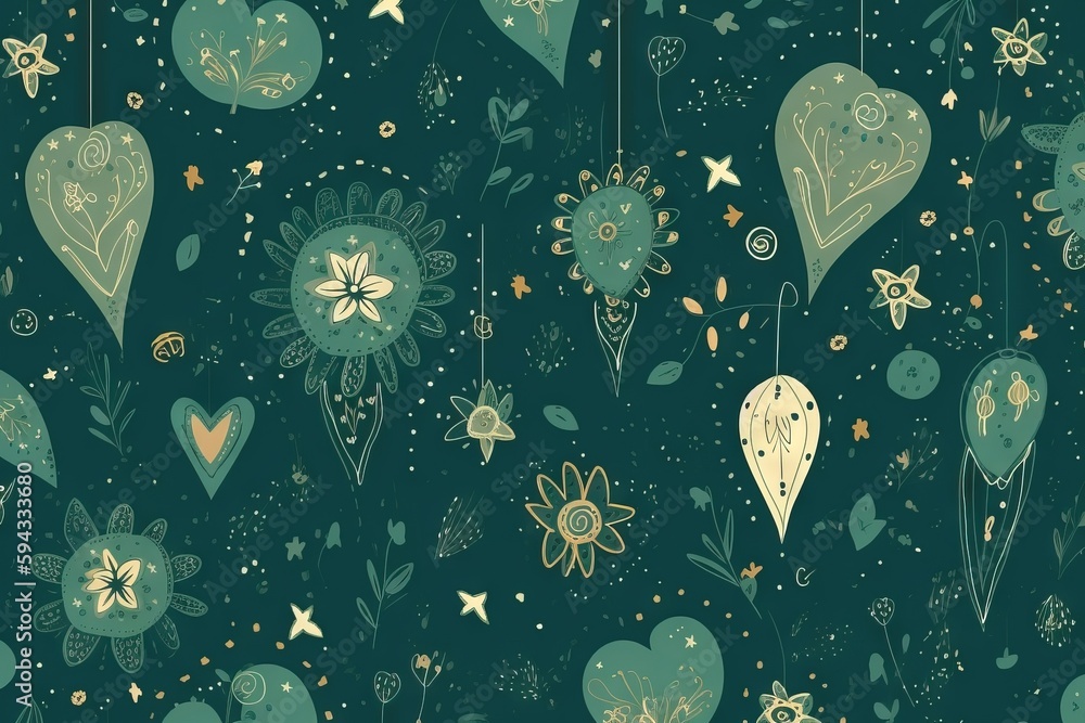  a green background with hearts, flowers, and stars in the sky and a star in the middle of the image