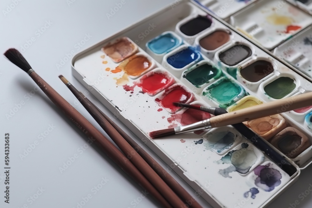  a box of watercolors with two brushes and one of them is full of colors of watercolors and the othe