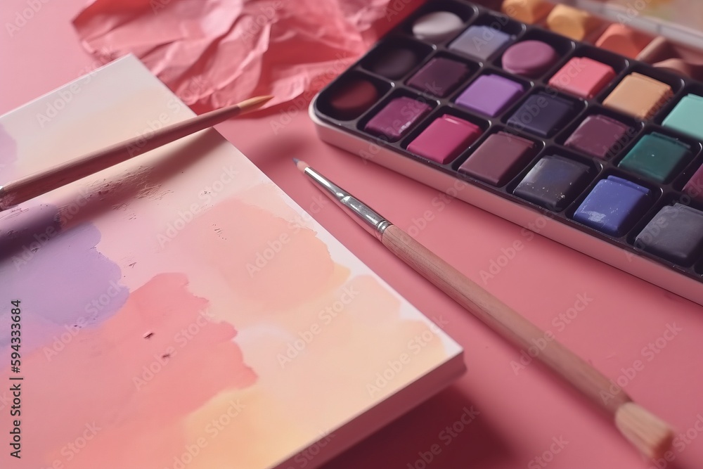  a palette of watercolors and a paintbrush on a pink table with tissue paper and a pink tissue paper