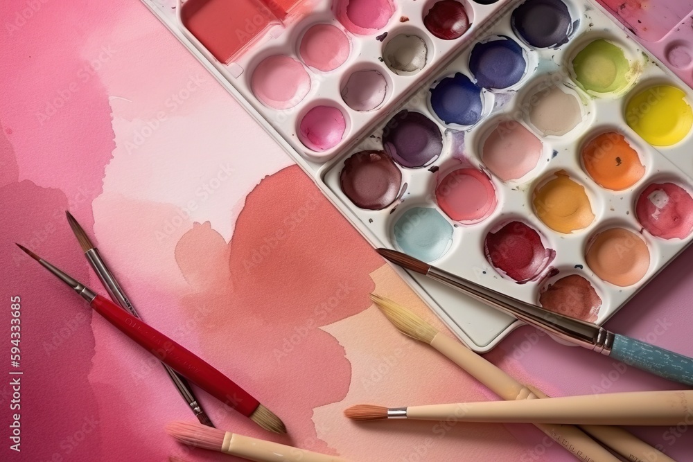  a box of paint and some paintbrushes on a pink background with a pink background and a pink backgro