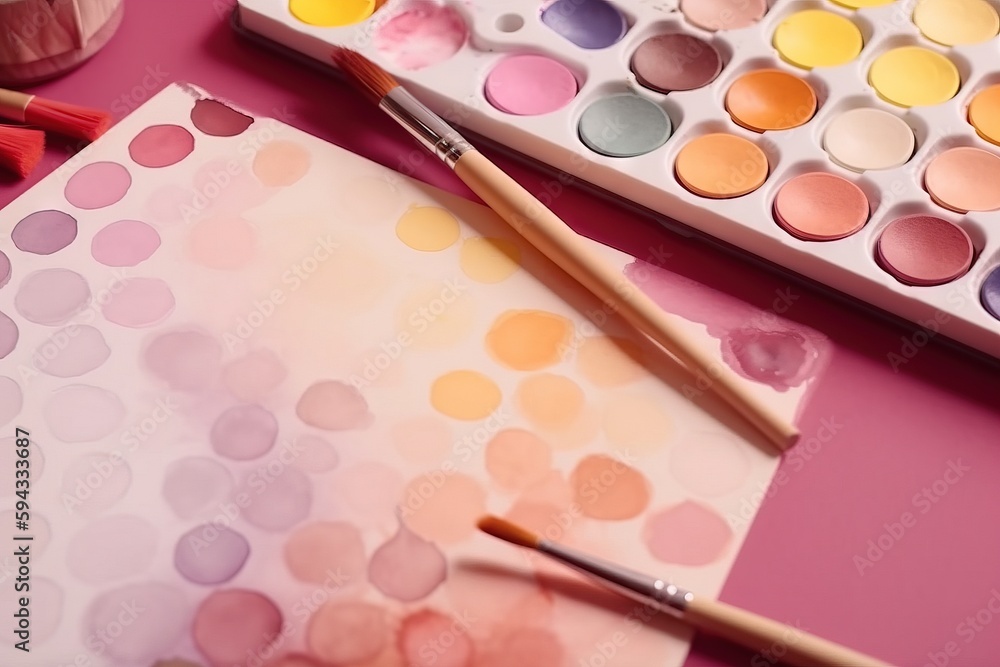  a paint palette and a paintbrush on a pink table with a pink background and a white box of paint an