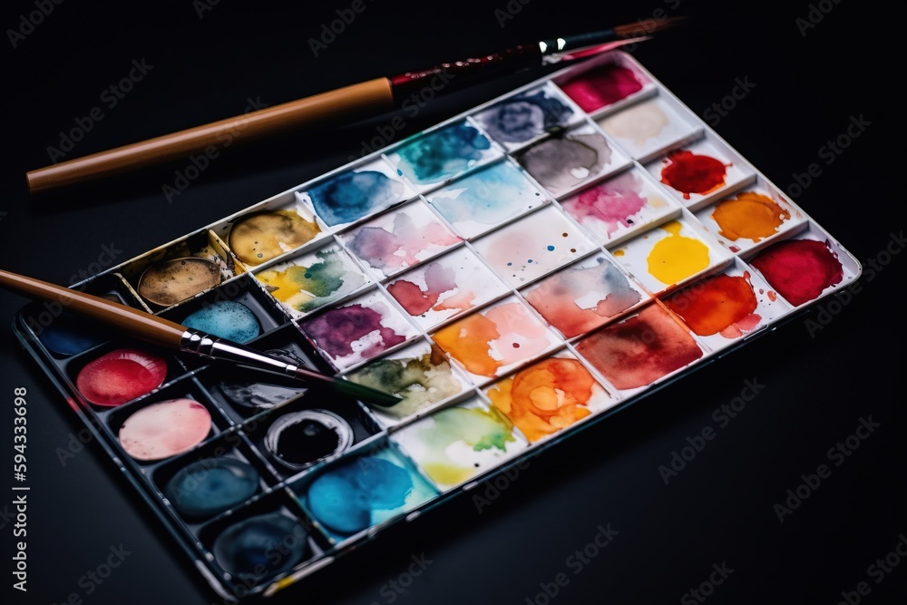  a palette of watercolors and a brush on a black background with a black background and a black back