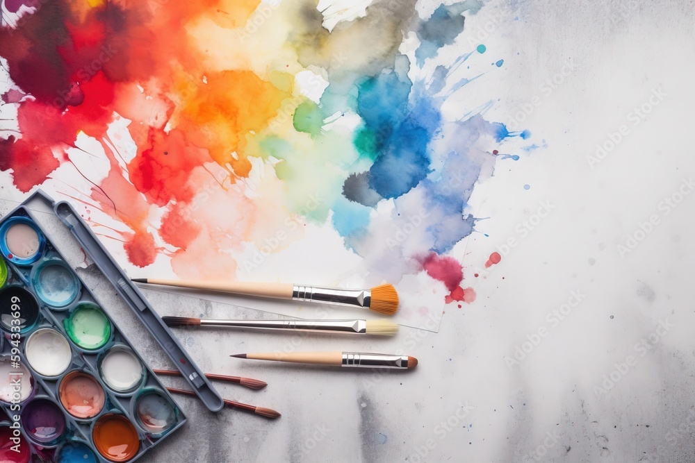  a group of paintbrushes and a palette of watercolors on a white surface with a rainbow of colors in